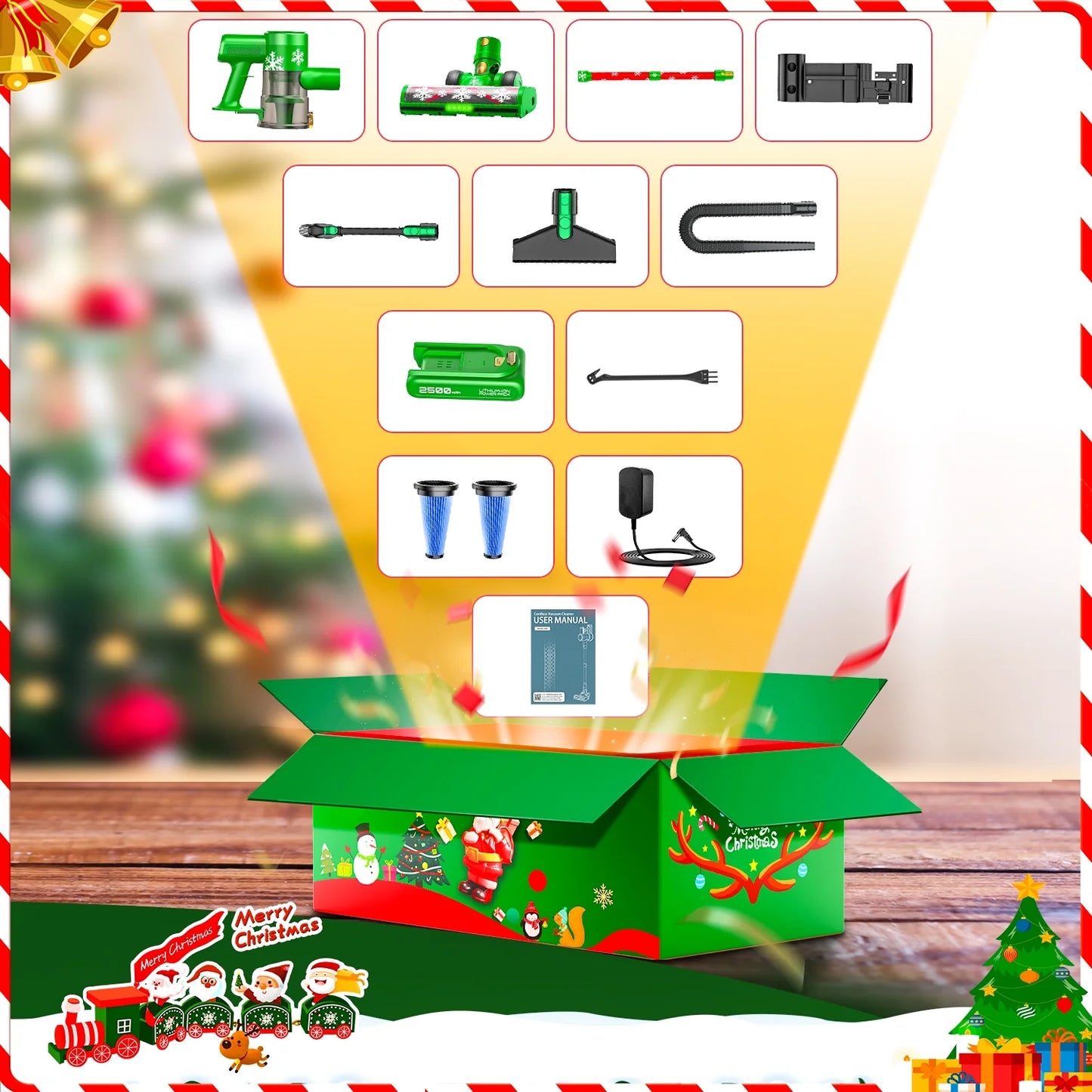 Cordless Vacuum Cleaner 46Kpa/500W/55Mins(Christmas Limited Edition), Self-Standing Lightweight Rechargeable Stick Vacuum Cleaners for Home, for Family & Pet Owners