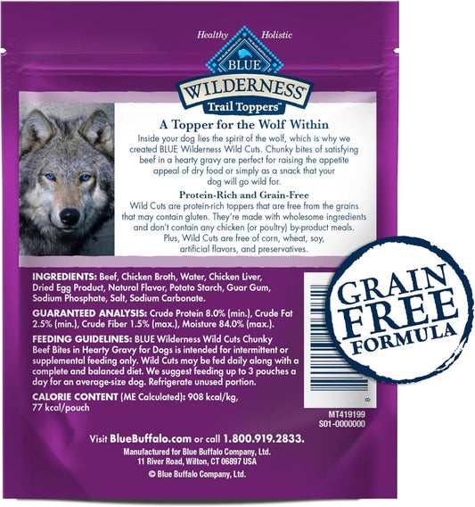 Wilderness Trail Toppers Wild Cuts Wet Dog Food, High-Protein & Grain-Free, Made with Natural Ingredients, Chunky Beef Bites in Hearty Gravy, 3-Oz. Pouches, (24 Count)