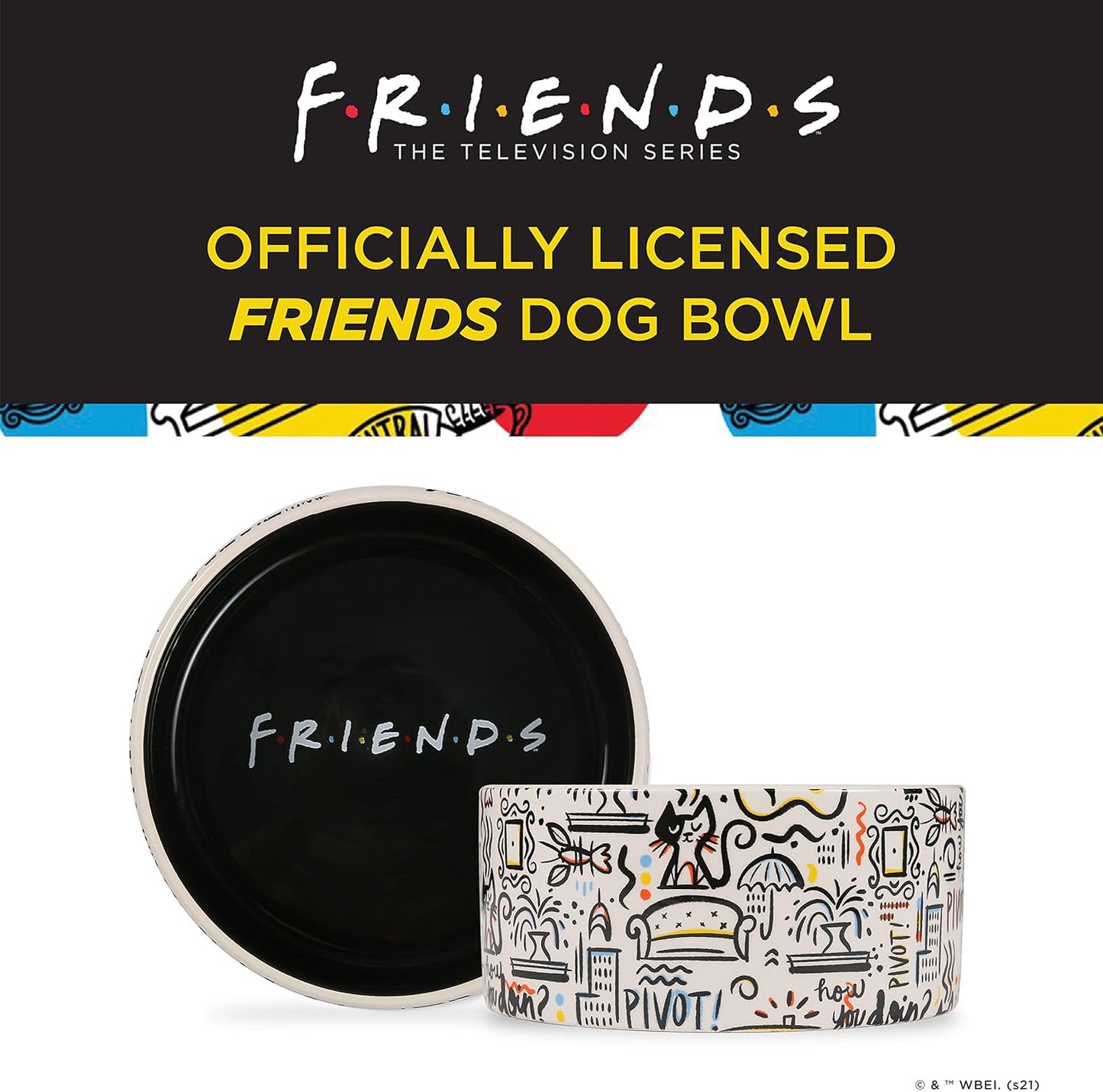 Birsppy Friends TV Show Doodle Ceramic Dog Food Bowl, 6 In, White and Black