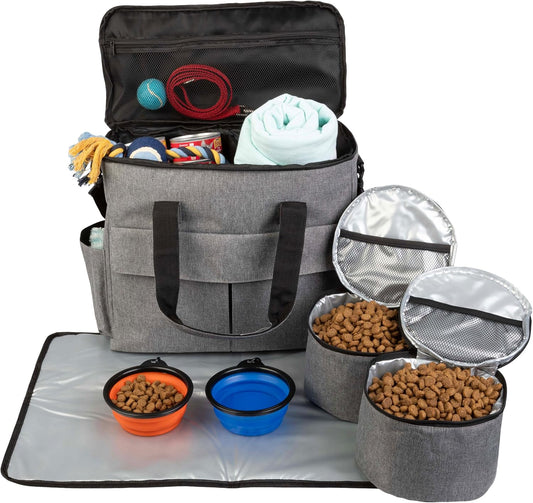 Dog Travel Bag - Cat and Dog Storage Organizer with Pockets, Mat, 2 Food Containers, and 2 Large Collapsible Travel Dog Bowls by  (Gray)