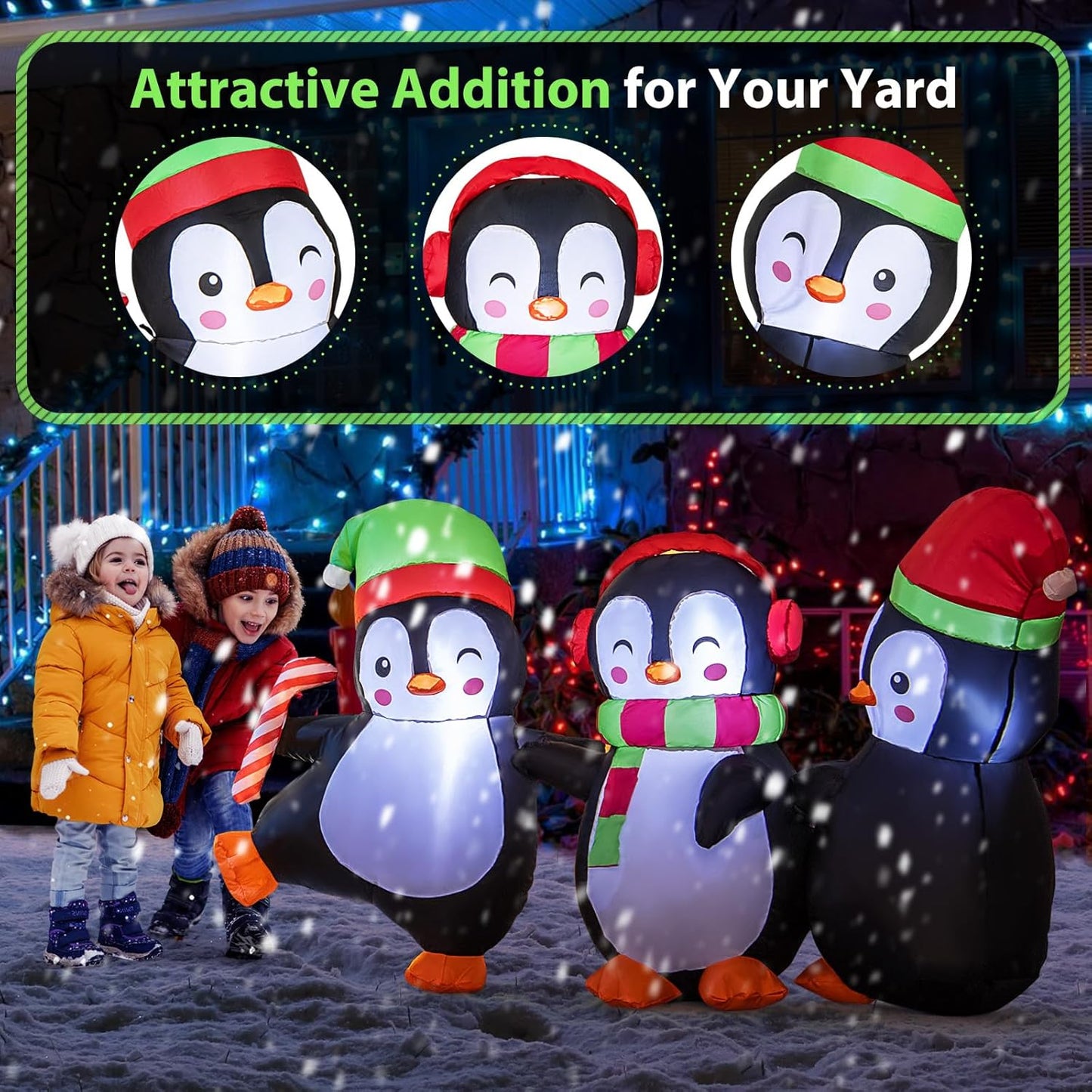 6FT Christmas Inflatables LED Lighted Xmas Inflatable Penguin Family Hand in Han
