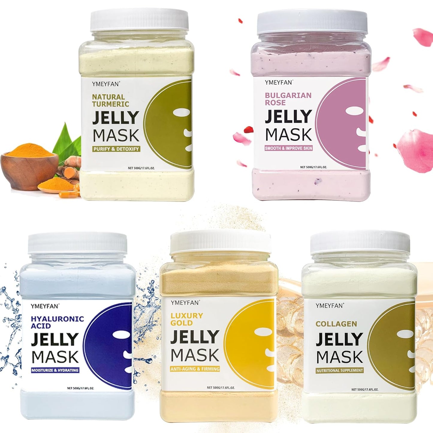 5 Jar 500G Jelly Mask Powder for Facial Professional Bundle, Beauty Spa Face Mask Skincare Product Bulk (Turmeric, Bulgarian Rose, Hyaluronic Acid, Gold, Collagen)