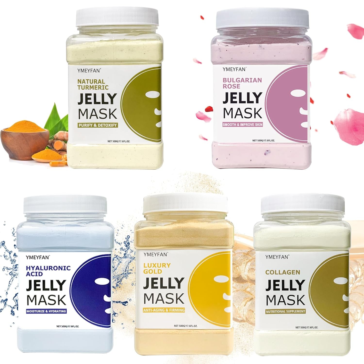 5 Jar 500G Jelly Mask Powder for Facial Professional Bundle, Beauty Spa Face Mask Skincare Product Bulk (Turmeric, Bulgarian Rose, Hyaluronic Acid, Gold, Collagen)