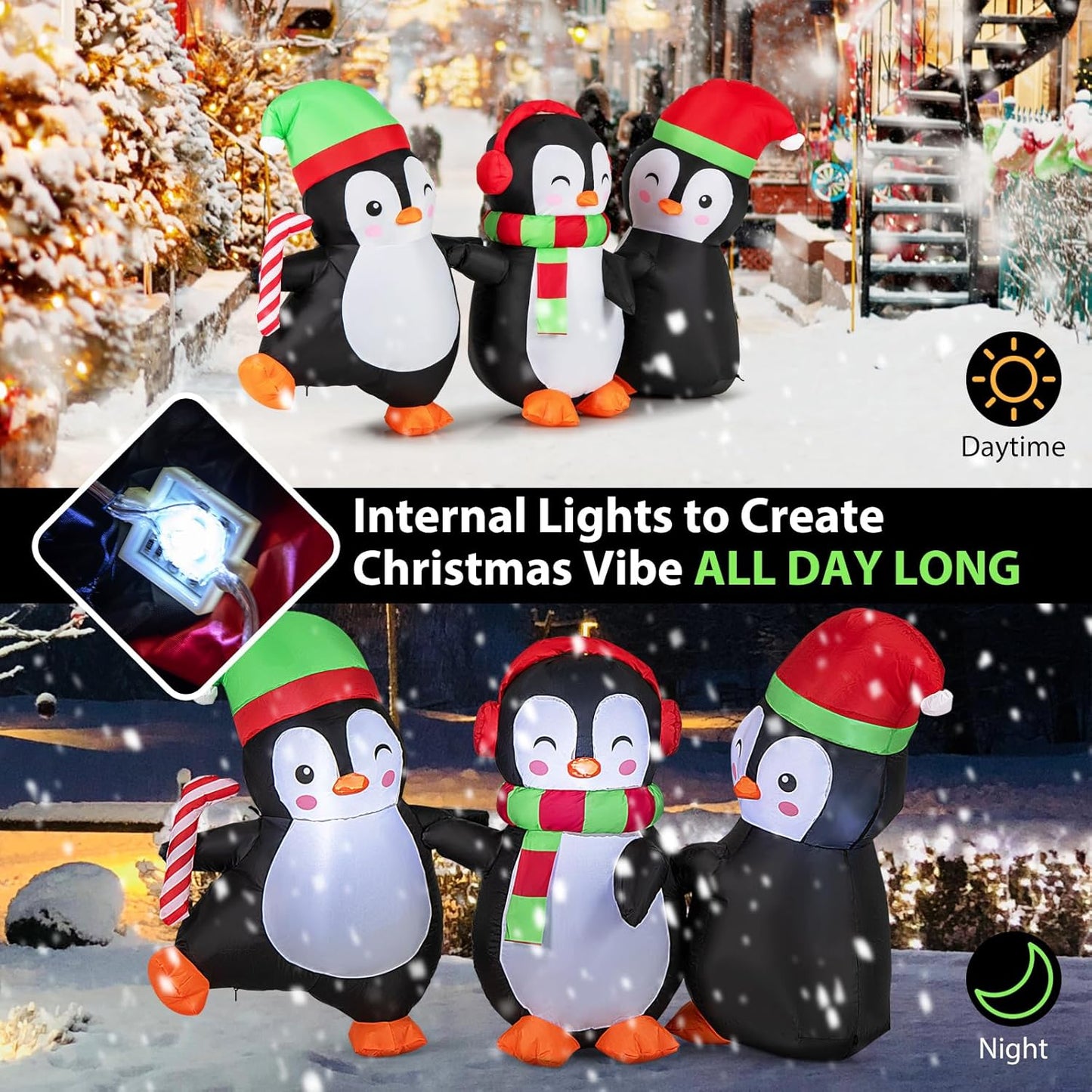 6FT Christmas Inflatables LED Lighted Xmas Inflatable Penguin Family Hand in Han