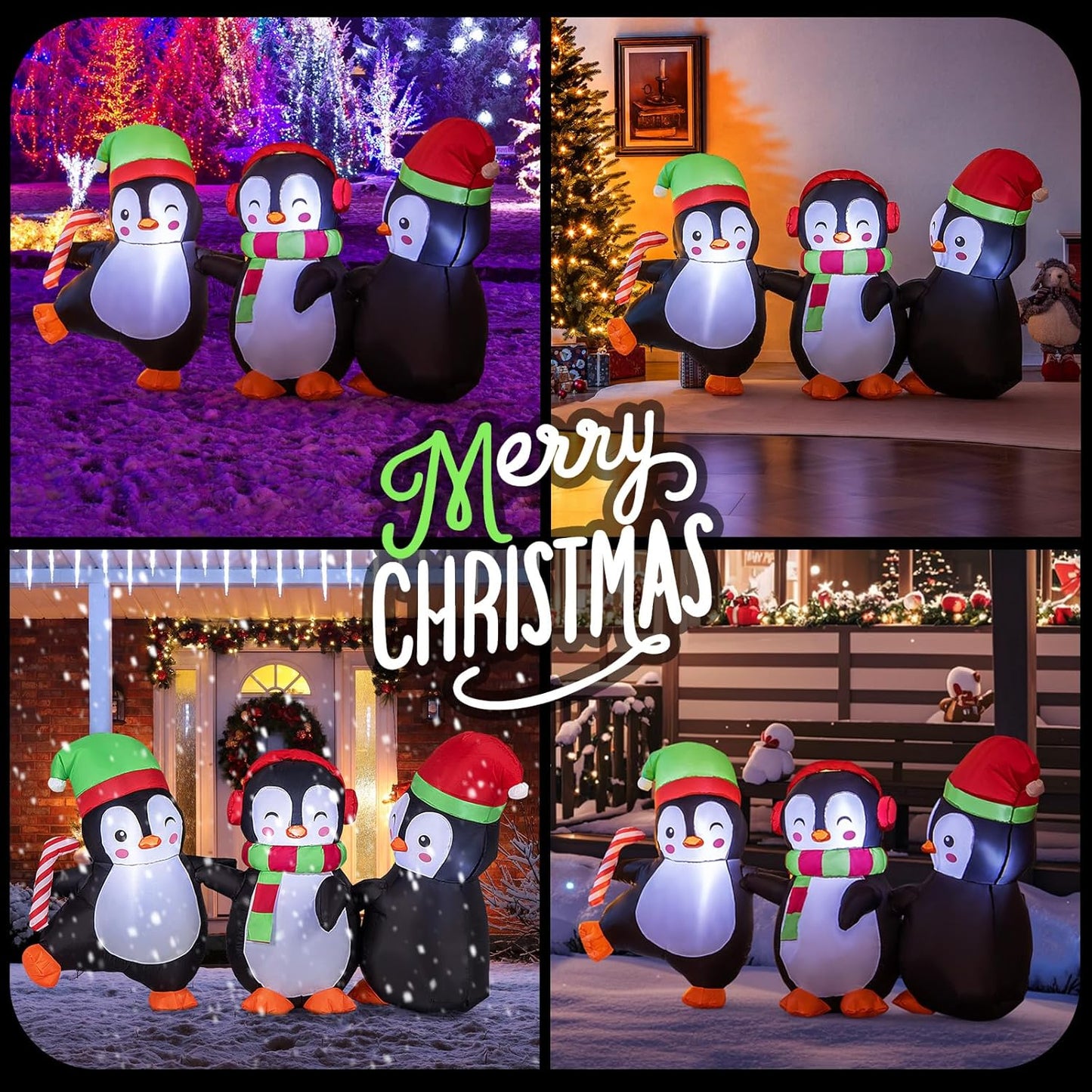 6FT Christmas Inflatables LED Lighted Xmas Inflatable Penguin Family Hand in Han