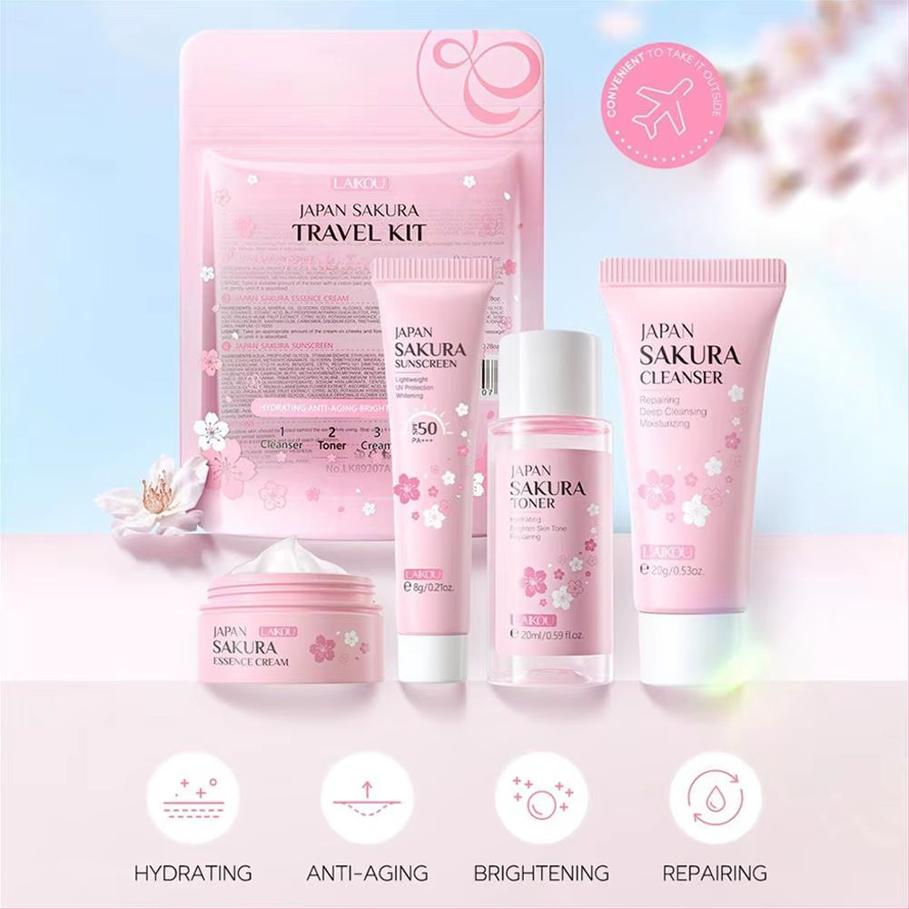 4Pcs/Bag Sakura Skin Care Sets Facial Cleanser Face Face Toner Sunscreen Moisturizing Smoothing Nourishing Skincare Product