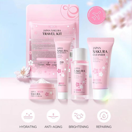 4Pcs/Bag Sakura Skin Care Sets Facial Cleanser Face Face Toner Sunscreen Moisturizing Smoothing Nourishing Skincare Product