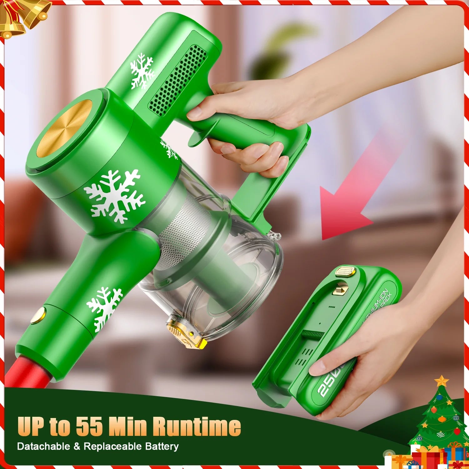 Cordless Vacuum Cleaner 46Kpa/500W/55Mins(Christmas Limited Edition), Self-Standing Lightweight Rechargeable Stick Vacuum Cleaners for Home, for Family & Pet Owners