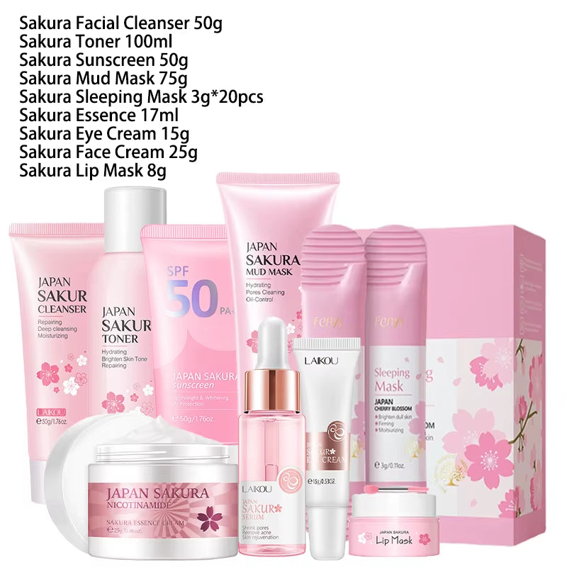 9Pcs Facial Products Kit Sakura Skin Care Set Facial Cleanser Face Cream Sunscreen Facial Mask Eye Cream Korean Skincare Product