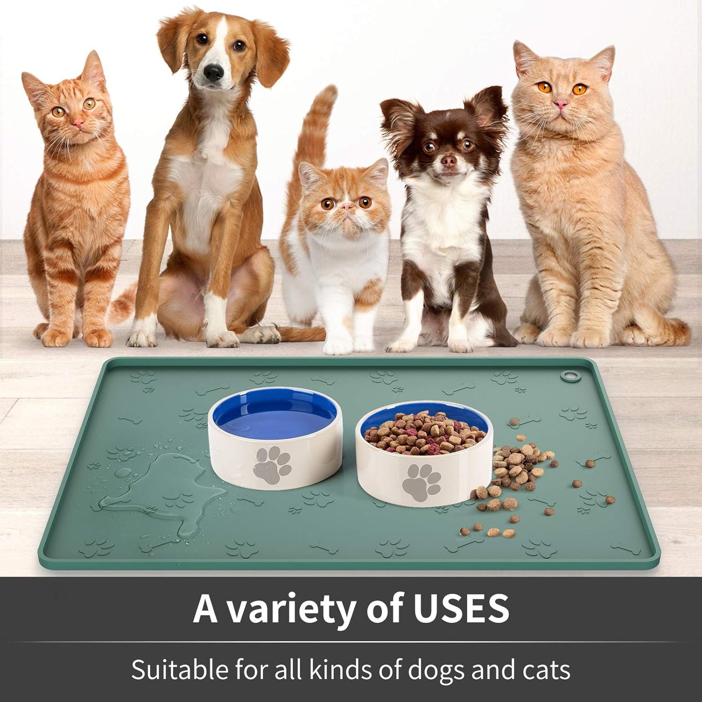 Dog Food Mat - Pet Food Mat - Nonslip Silicone Dog Bowl Mat - Washable Dog Feeding Mat for Food and Water, Waterproof Dog Food Mats for Floors [24"X16"] Teal Blue