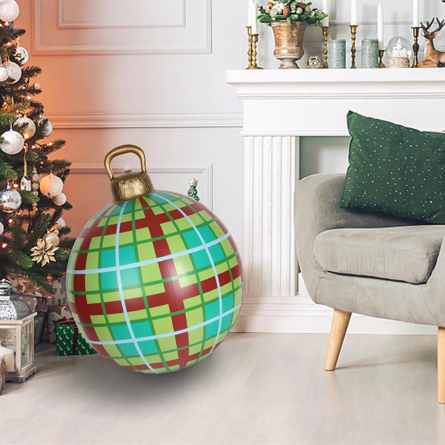 Christmas Inflatable Balls Yard Decorations, 24 Inch Giant PVC Inflatable Christmas Decorated Ball Ornaments, Outdoor Large Xmas Blow Ball Decorations for outside Holiday Yard Decorations