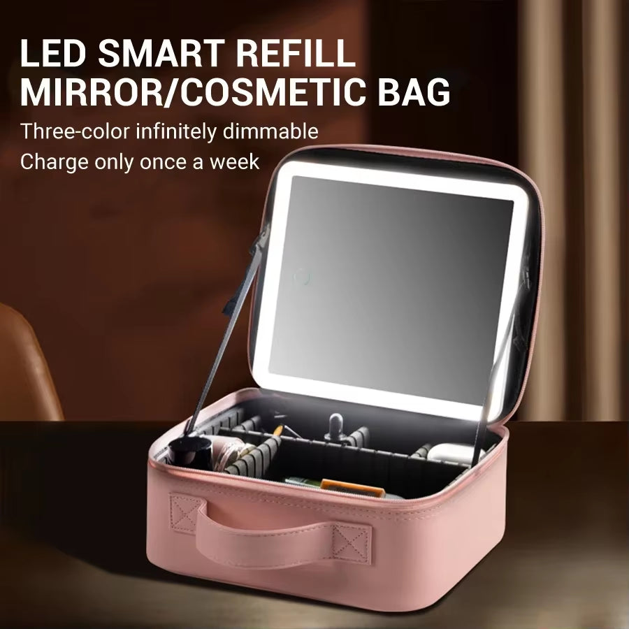Smart LED Cosmetic Case with Mirror Travel Makeup Bag Large Capacity Female Beautician Skincare Product Makeup Case for Women