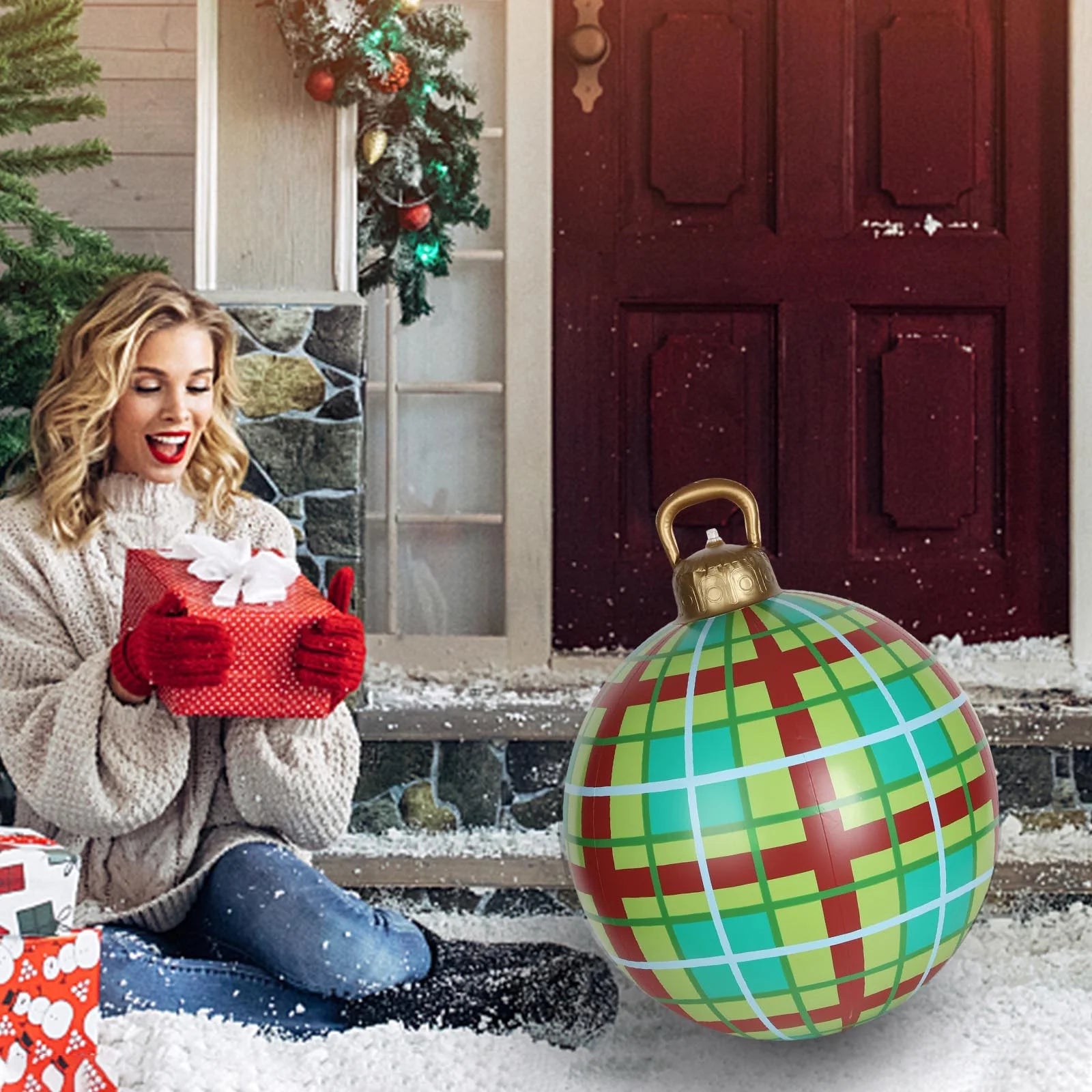 Christmas Inflatable Balls Yard Decorations, 24 Inch Giant PVC Inflatable Christmas Decorated Ball Ornaments, Outdoor Large Xmas Blow Ball Decorations for outside Holiday Yard Decorations