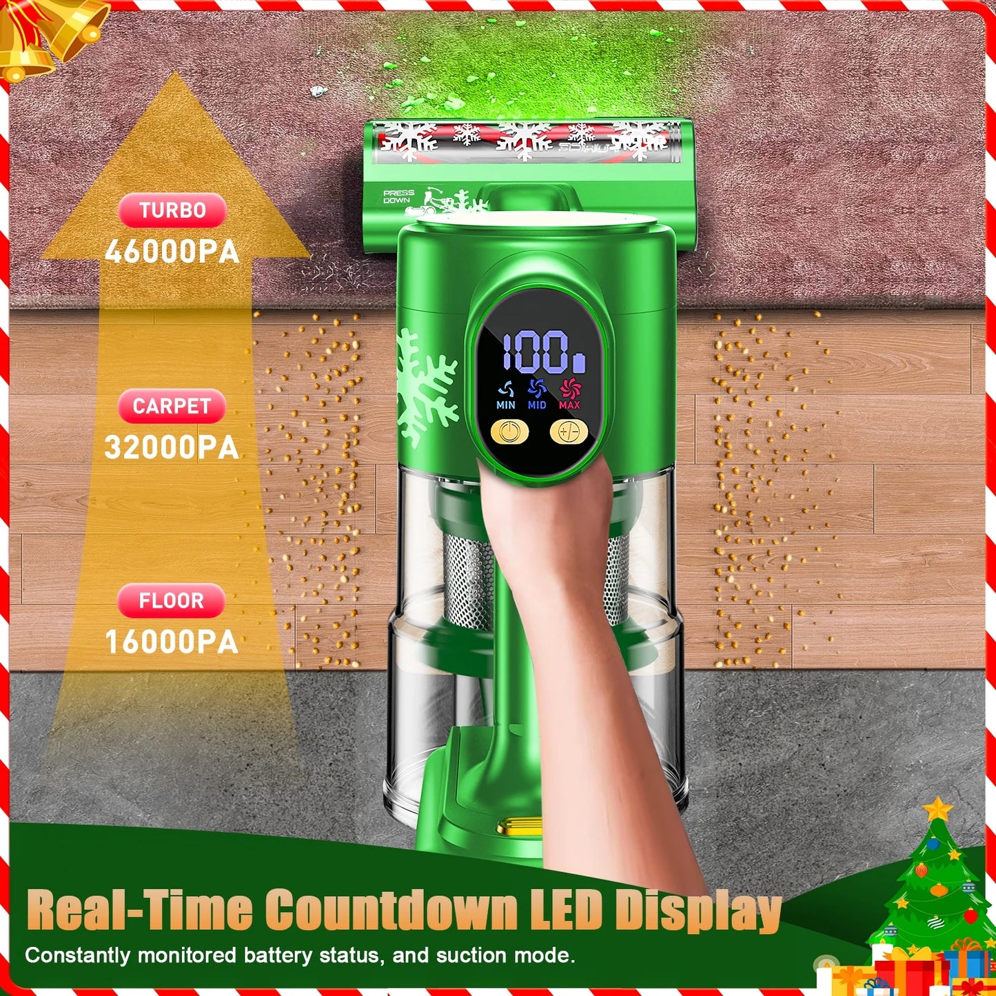 Cordless Vacuum Cleaner 46Kpa/500W/55Mins(Christmas Limited Edition), Self-Standing Lightweight Rechargeable Stick Vacuum Cleaners for Home, for Family & Pet Owners