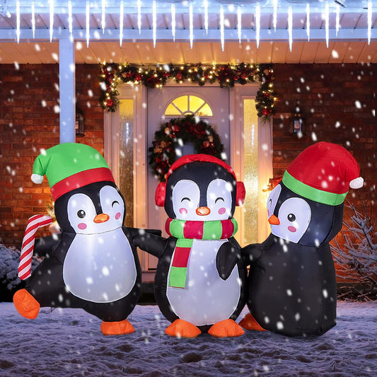 6FT Christmas Inflatables LED Lighted Xmas Inflatable Penguin Family Hand in Han