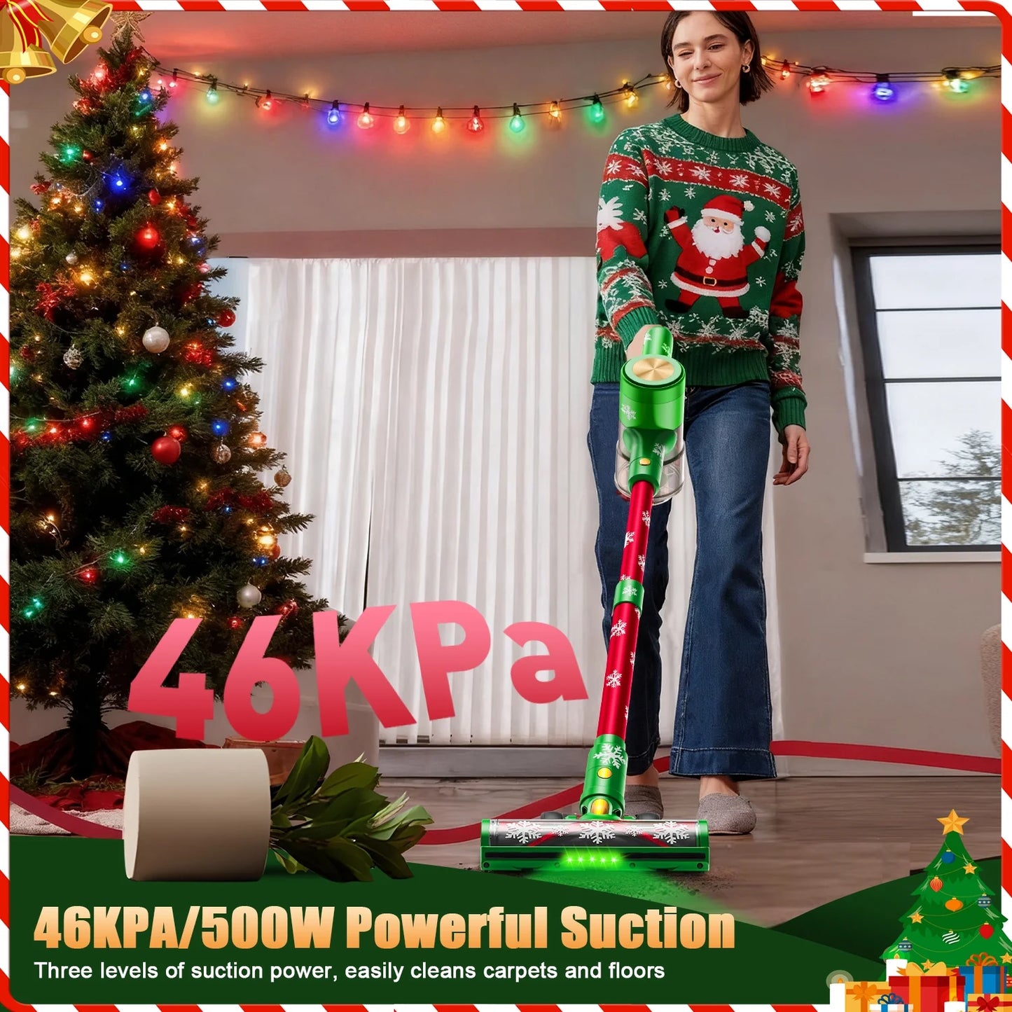 Cordless Vacuum Cleaner 46Kpa/500W/55Mins(Christmas Limited Edition), Self-Standing Lightweight Rechargeable Stick Vacuum Cleaners for Home, for Family & Pet Owners