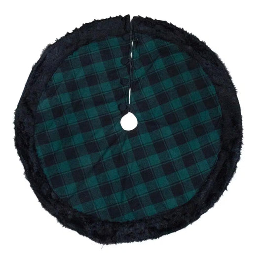 48 In. Green and Black Plaid Christmas Tree Skirt with Faux Fur