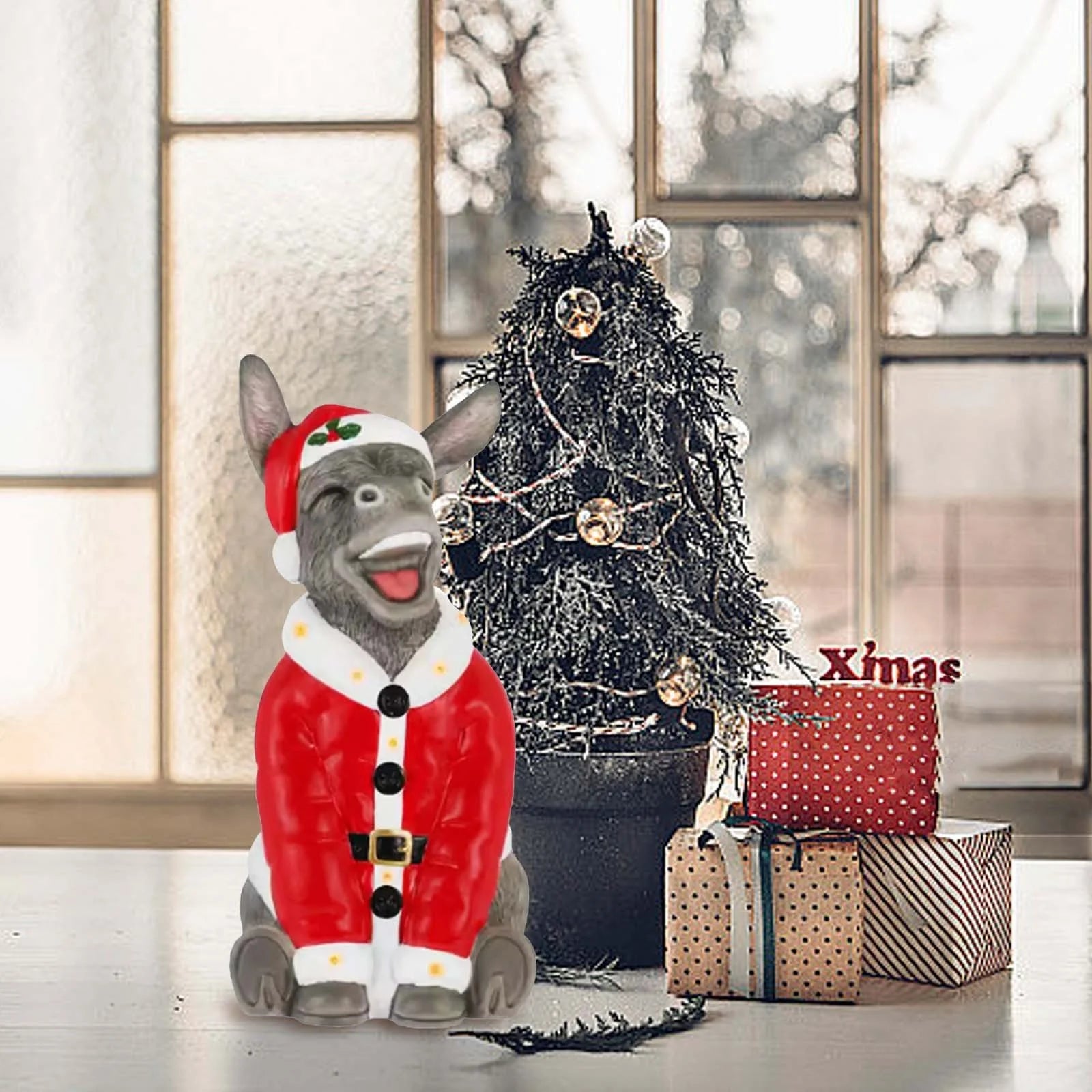 Christmas Donkey Resin Ornament 8-Inch Santa with Red Hat & Clothes Christmas Donkey Santa Claus Festive Decoration for Shelf and Tabletop, Holiday Ornament