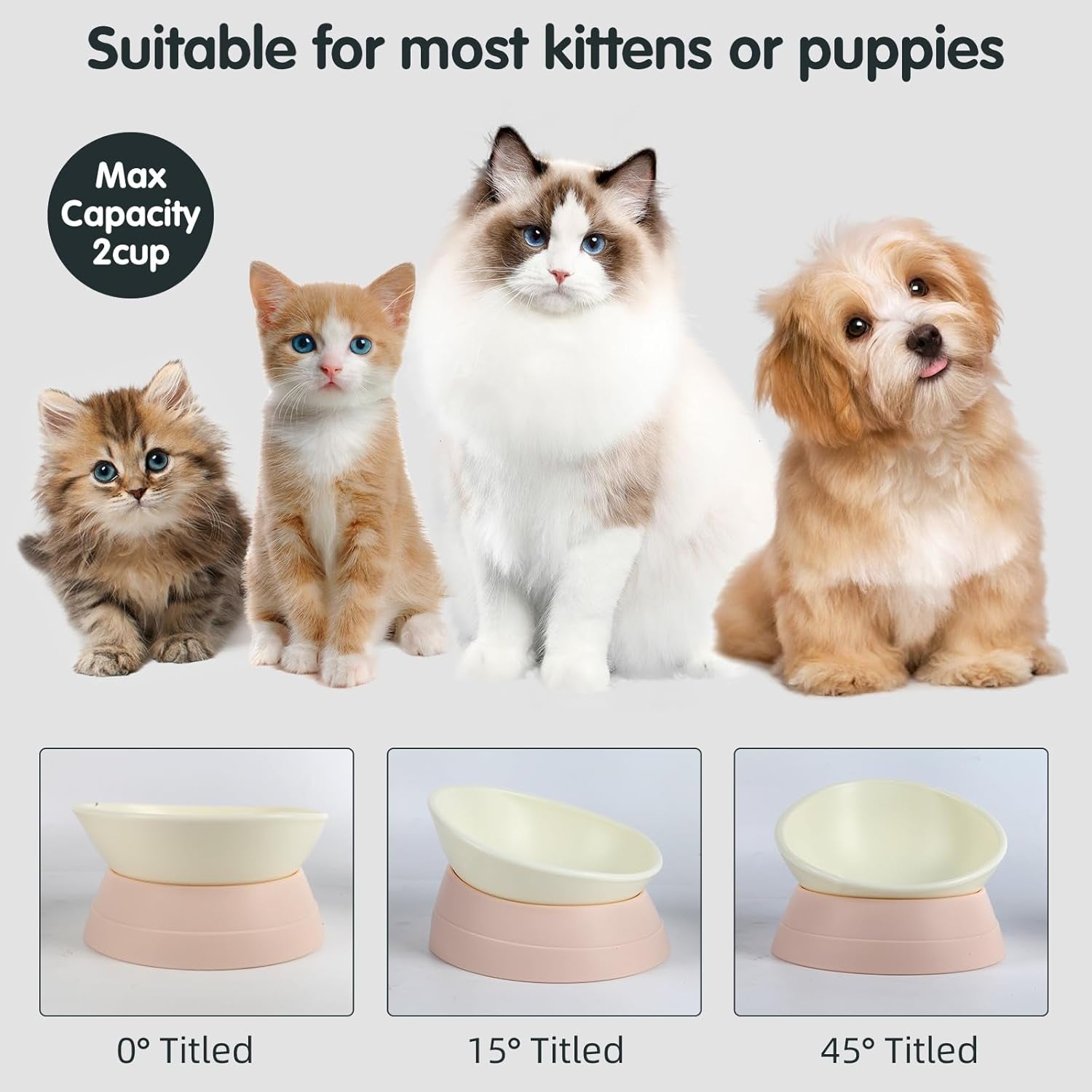 Bulldog Bowl Anti-Slip Dog Cat Dish Detachable Rubber Dog Bowl Pet Sterile Tilted Pet Feeder Slope Base (Lightpink, 2 Cup (Small/Medium Dog))