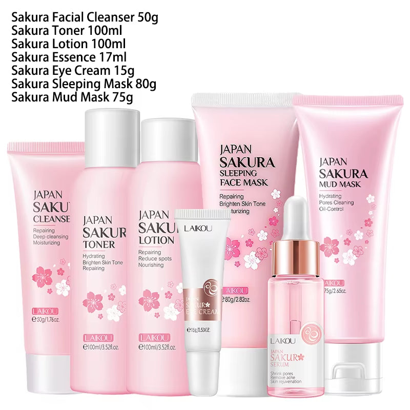 9Pcs Facial Products Kit Sakura Skin Care Set Facial Cleanser Face Cream Sunscreen Facial Mask Eye Cream Korean Skincare Product