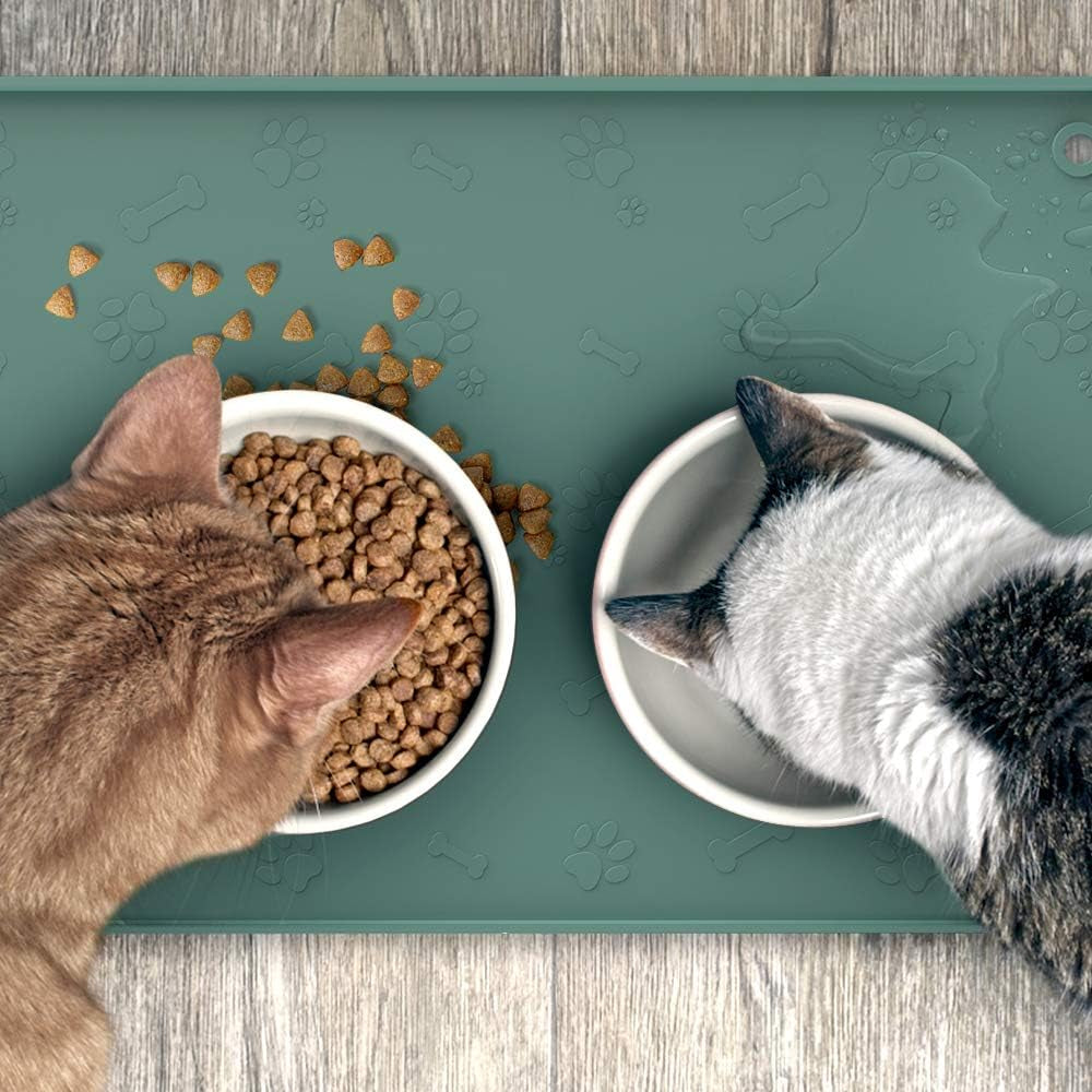Dog Food Mat - Pet Food Mat - Nonslip Silicone Dog Bowl Mat - Washable Dog Feeding Mat for Food and Water, Waterproof Dog Food Mats for Floors [24"X16"] Teal Blue