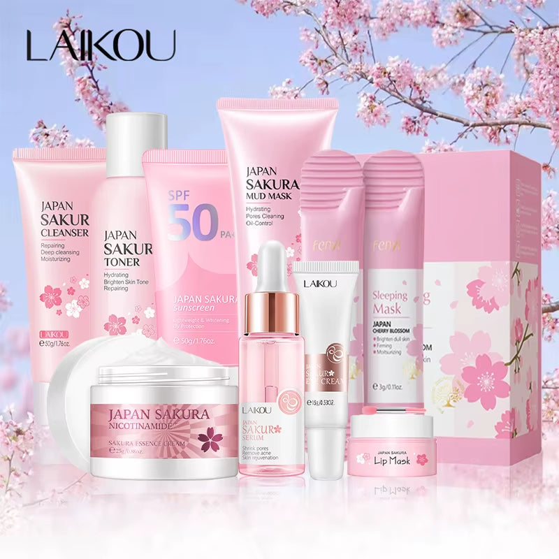 9Pcs Facial Products Kit Sakura Skin Care Set Facial Cleanser Face Cream Sunscreen Facial Mask Eye Cream Korean Skincare Product