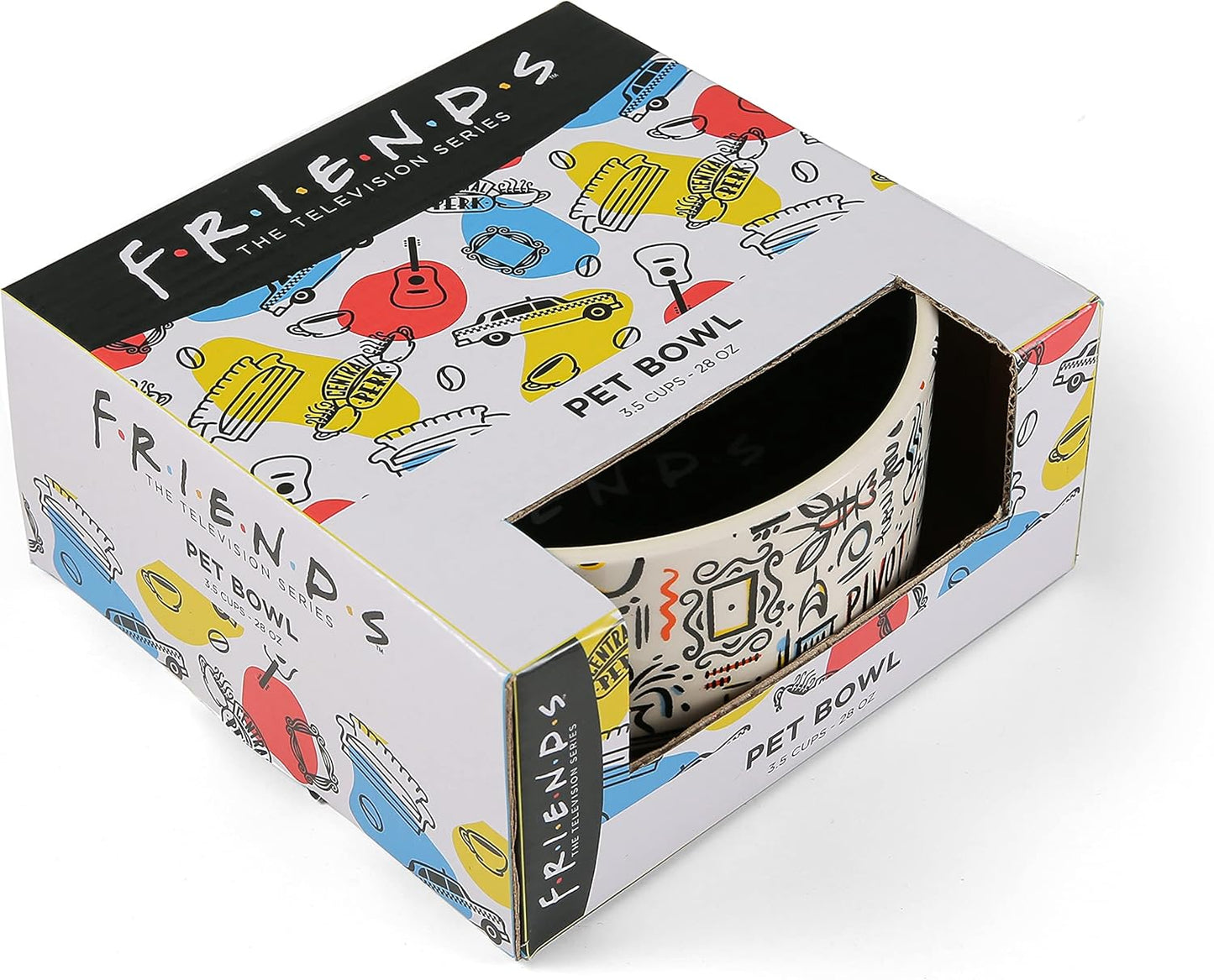Birsppy Friends TV Show Doodle Ceramic Dog Food Bowl, 6 In, White and Black
