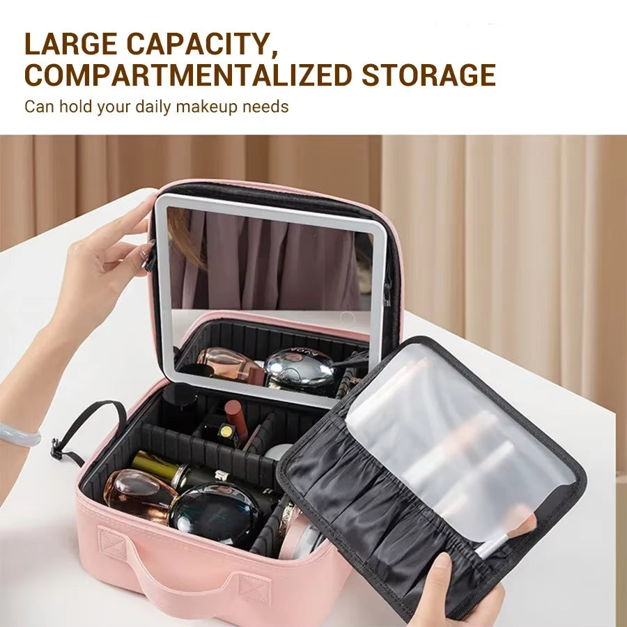Smart LED Cosmetic Case with Mirror Travel Makeup Bag Large Capacity Female Beautician Skincare Product Makeup Case for Women