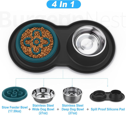 Slow Feeder Dog Bowls, 27Oz Stainless Steel 4-In-1 Food and Water Bowls with No-Spill Silicone Mat Bloat Stop Slow down Eating Puzzle Set for Medium Small Sized Dogs