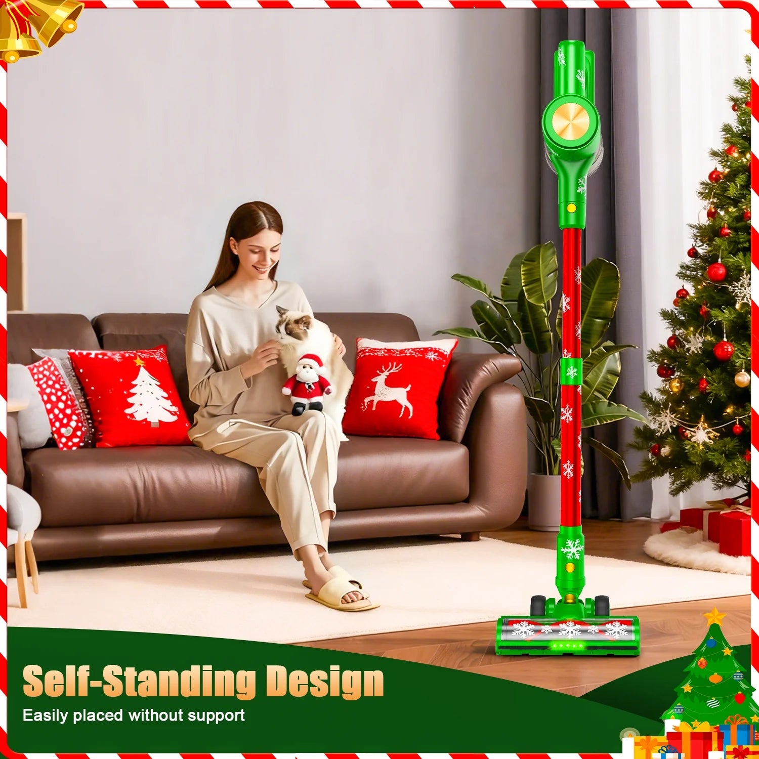 Cordless Vacuum Cleaner 46Kpa/500W/55Mins(Christmas Limited Edition), Self-Standing Lightweight Rechargeable Stick Vacuum Cleaners for Home, for Family & Pet Owners