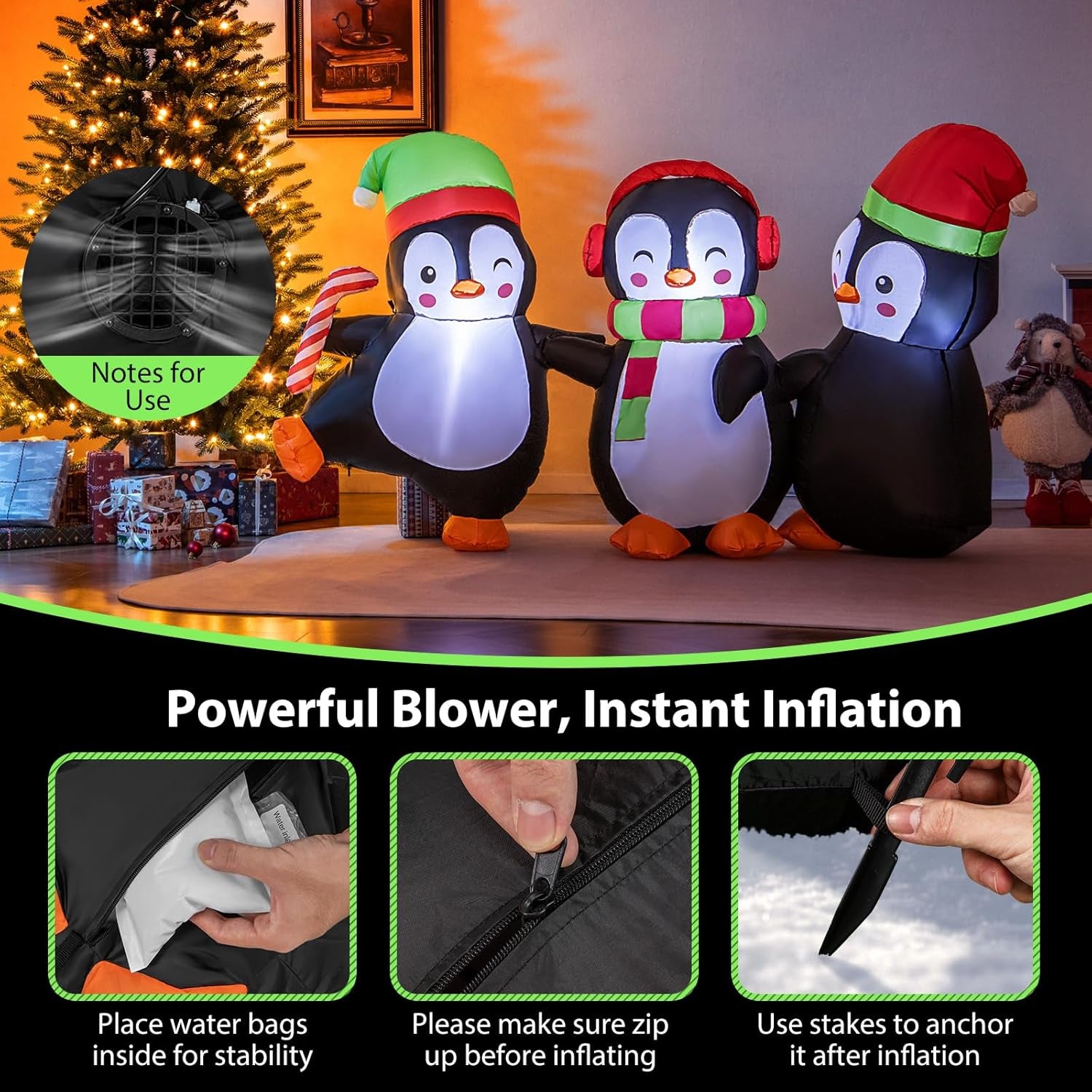 6FT Christmas Inflatables LED Lighted Xmas Inflatable Penguin Family Hand in Han