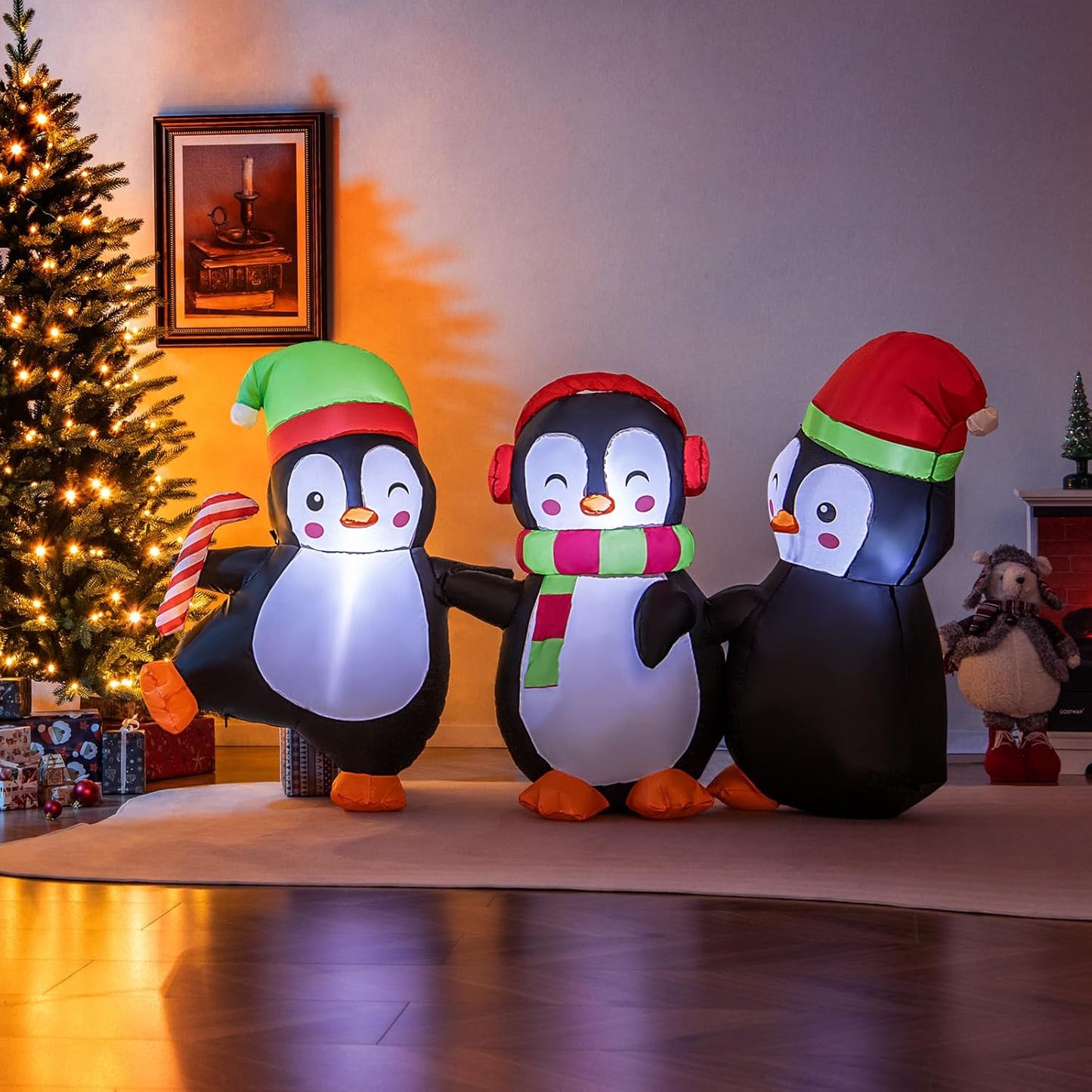 6FT Christmas Inflatables LED Lighted Xmas Inflatable Penguin Family Hand in Han