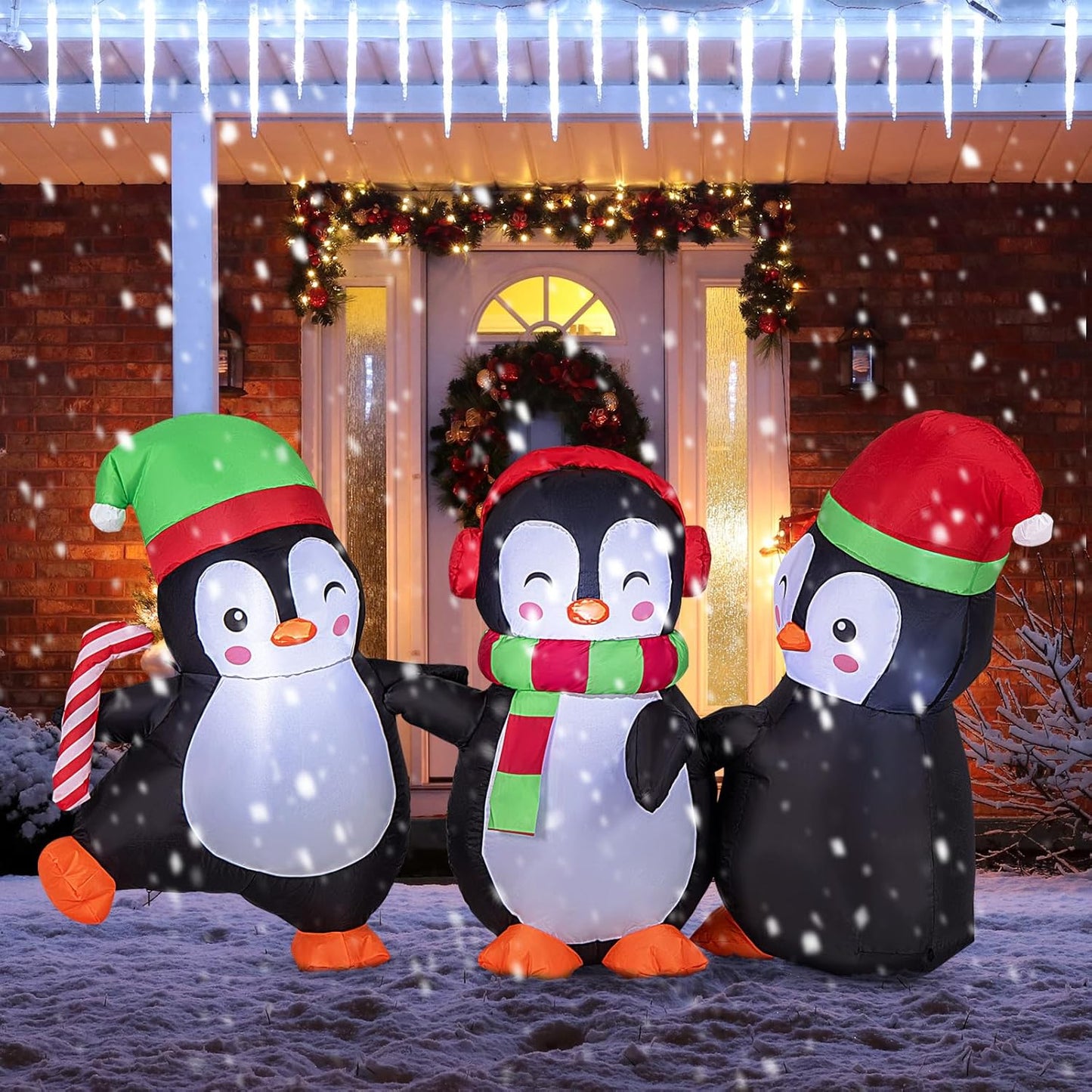 6FT Christmas Inflatables LED Lighted Xmas Inflatable Penguin Family Hand in Han